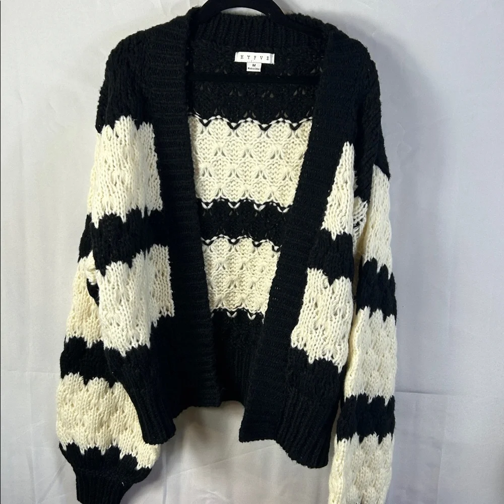 HYFVE Black and White Medium Open Knit Striped Cardigan New